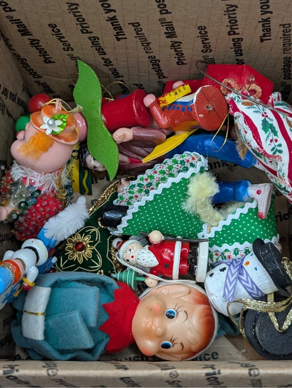 Vintage Christmas Ornaments Lot Spun Felt Elf Mariachi Santa Disney Stocking Lot
